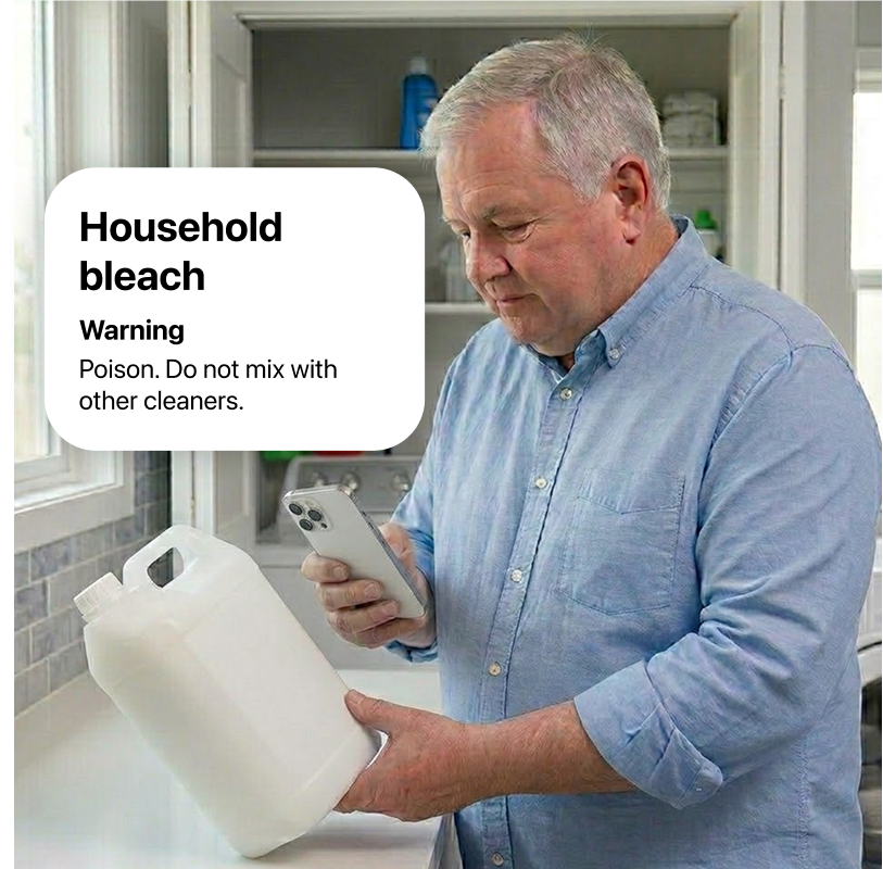 A man in a laundry room scans a large plastic bottle of bleach with his smartphone. The app overlay reads: Household bleach. Warning: Poison. Do not mix with other cleaners.