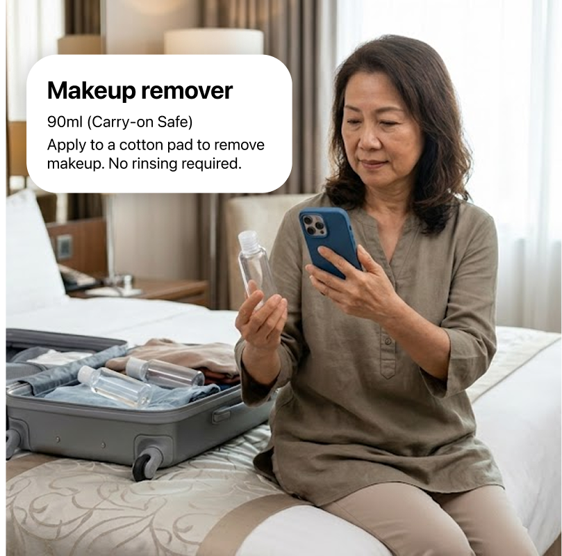 A woman packing a suitcase on a hotel bed scans a blank, clear travel bottle with her smartphone. The app overlay reads: Makeup remover. 90ml, Carry-on Safe. Apply to a cotton pad to remove makeup. No rinsing required.